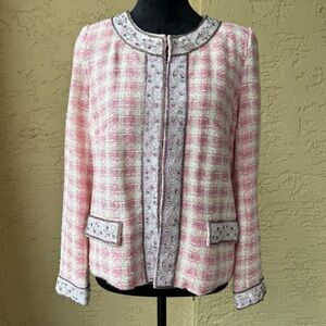 Berek By Takako Salon Tweed Beaded Blazer Jacket Sz M Pink Barbie Lace Lining